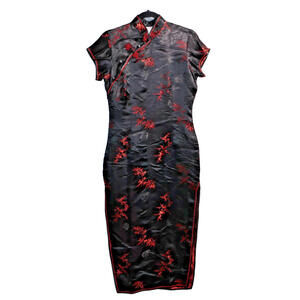 Plum Blossom 100%‎ Puac Silk Chinese Mandarin Style Dress Black Red Satin 32 XS